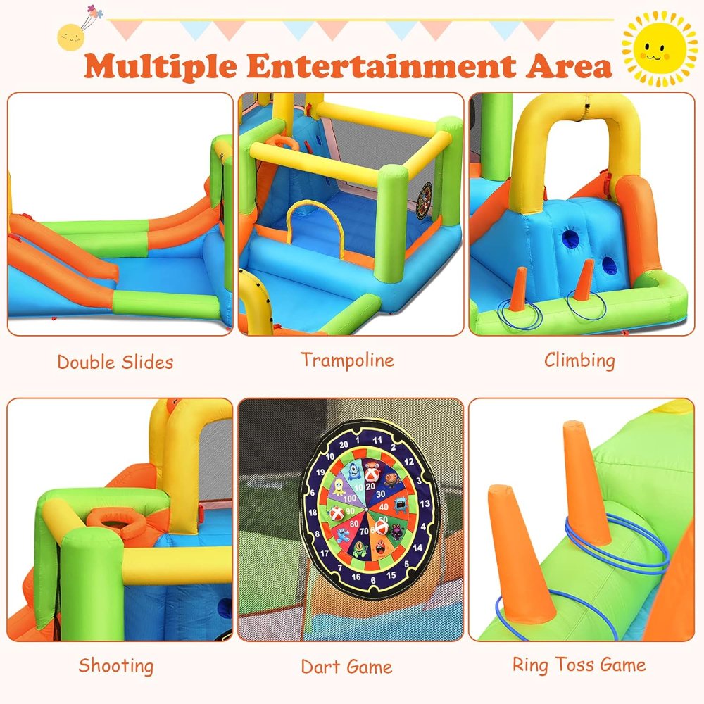 Tobogán acuático hinchable OLAKIDS, casa hinchable 7 en 1 con 2 toboganes, muro de escalada, piscina, aro, pistola de agua, circuito de obstáculos, para parque acuático al aire libre - Imagen 4
