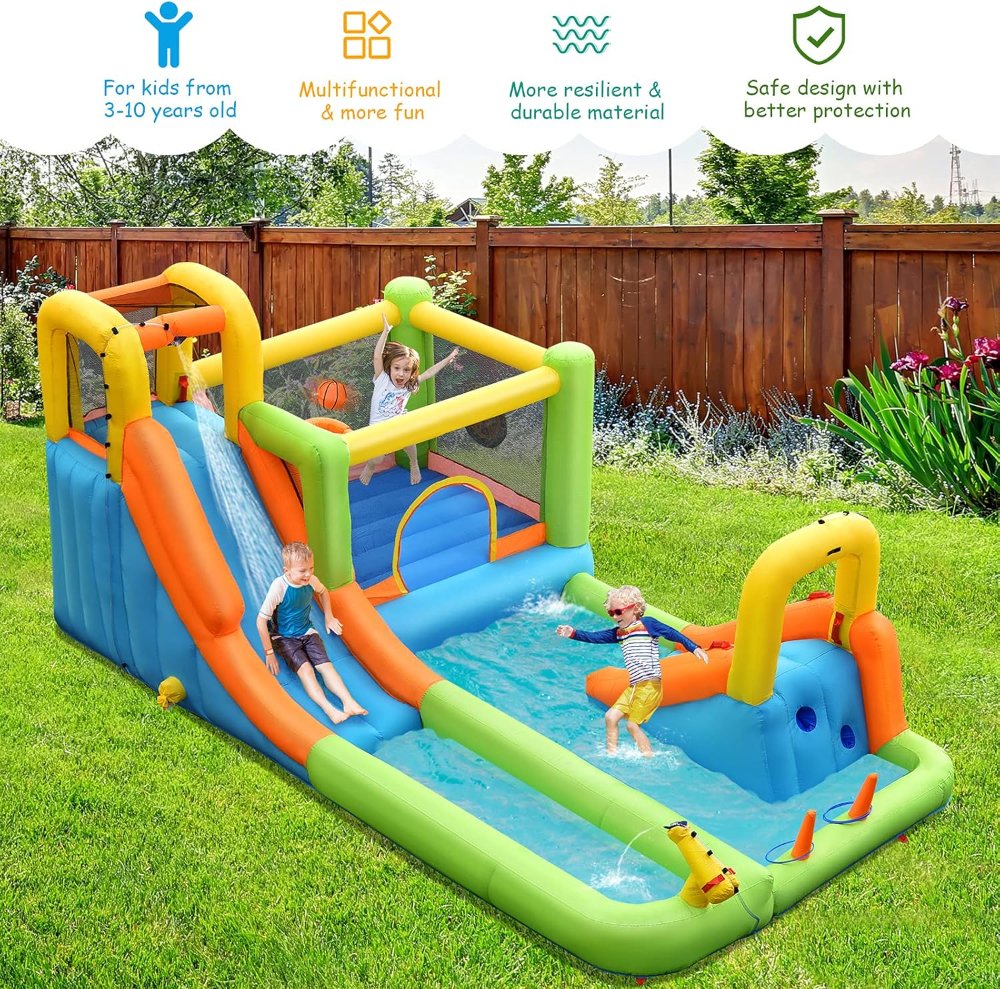 Tobogán acuático hinchable OLAKIDS, casa hinchable 7 en 1 con 2 toboganes, muro de escalada, piscina, aro, pistola de agua, circuito de obstáculos, para parque acuático al aire libre - Imagen 5