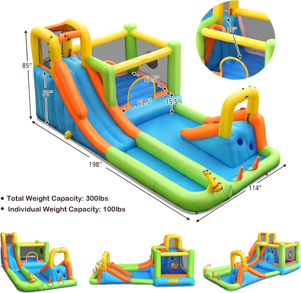 Tobogán acuático hinchable OLAKIDS, casa hinchable 7 en 1 con 2 toboganes, muro de escalada, piscina, aro, pistola de agua, circuito de obstáculos, para parque acuático al aire libre - Imagen 6