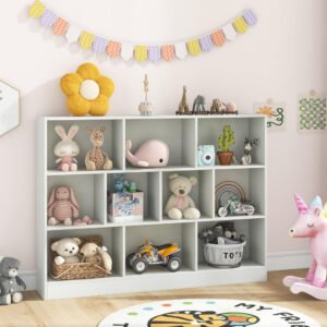Estantería de 10 cubos para juguetes, organizador de almacenamiento de madera para habitaciones infantiles, sala de juegos, guardería, con kits antivuelco y patas antideslizantes
