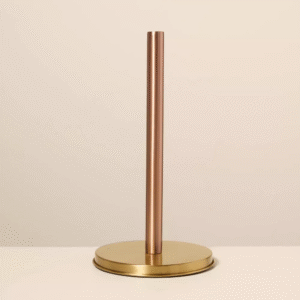 Dispensador de toallas de papel. Hecho de metal. Acabado en cobre y oro. Base redonda. 13,75 pulgadas de alto x 7,25 pulgadas de ancho x 7,25 pulgadas de profundidad