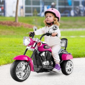Moto de juguete de tres ruedas para niños pequeños, con motor de 6V, bocina y faro delantero, rosa intenso