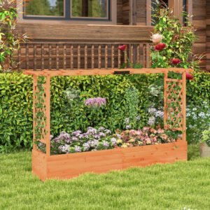 Cama de jardín elevada MAT EXPERT con enrejado y techo colgante, madera de abeto, agujero de drenaje, para flores, hierbas y vegetales, jardín y patio