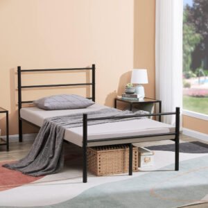 Estructura de cama individual GreenForest con cabecero, somier de láminas resistentes, 10 patas de soporte, base para colchón, no requiere somier, color negro, tamaño Twin, metal