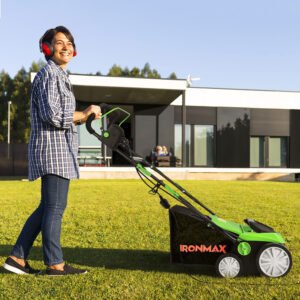 Escarificador y cortacésped eléctrico IronMax, 2 en 1, 13 amperios, ancho 15", con bolsa de 50L, altura ajustable, para jardín