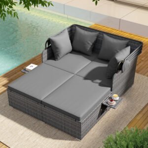 Sofá Cama Exterior Ratán, Tumbona Doble con Toldo Retráctil y Bandejas Laterales Plegables, Mueble de Jardín Gris para 2 Personas