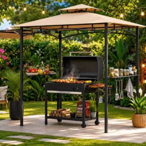 Toldo tipo gazebo para barbacoa de 11 x 5 pies, toldo lateral, 2 niveles, 12 ganchos, para patio, jardín, piscina, beige