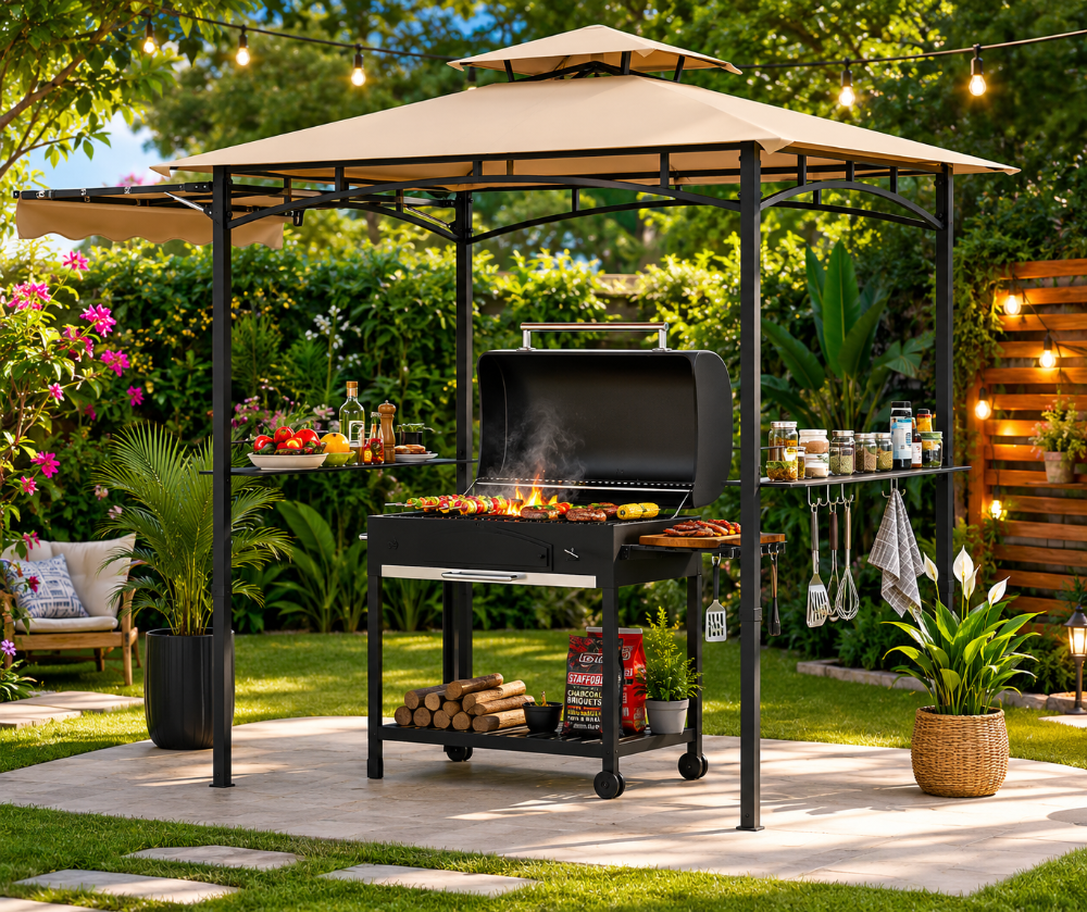 Toldo tipo gazebo para barbacoa de 11 x 5 pies, toldo lateral, 2 niveles, 12 ganchos, para patio, jardín, piscina, beige