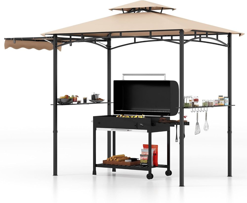 Toldo tipo gazebo para barbacoa de 11 x 5 pies, toldo lateral, 2 niveles, 12 ganchos, para patio, jardín, piscina, beige - Imagen 6