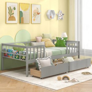 Sofá cama individual para niños, estilo Montessori, con barandillas y 2 cajones de almacenamiento, madera maciza, gris.