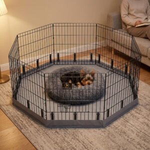 Corralito octogonal para perros, plegable de metal, 8 paneles de 24 pulgadas de alto, para interiores y exteriores, jaula para cachorros, gris