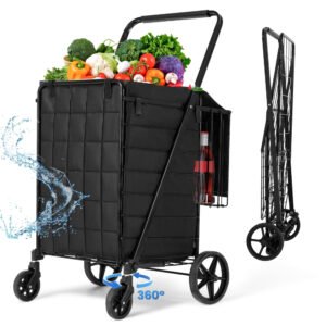 Carrito de compras plegable con ruedas, de gran capacidad, forro impermeable, portátil y ligero, para comestibles y lavandería