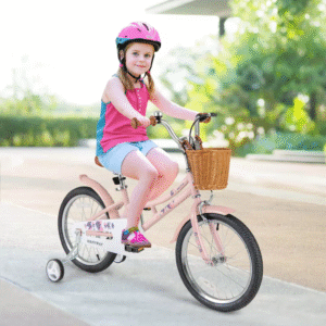 Bicicleta infantil de 18 pulgadas, altura ajustable, con cesta, timbre y ruedas de entrenamiento, para niños de 4 a 8 años