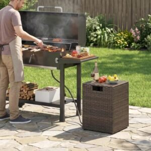 Mesa auxiliar para tanque de propano, funda para tanque de gas de ratán PE, con tapa abatible, para exteriores, 20 lb, resistente a la intemperie, color marrón mixto