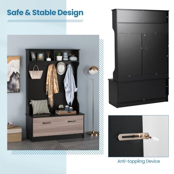 Perchero multifuncional con árbol de almacenamiento, 5 ganchos, banco para sentarse, compartimentos para ropa y zapatos, diseño elegante para entrada y hogar - Imagen 2