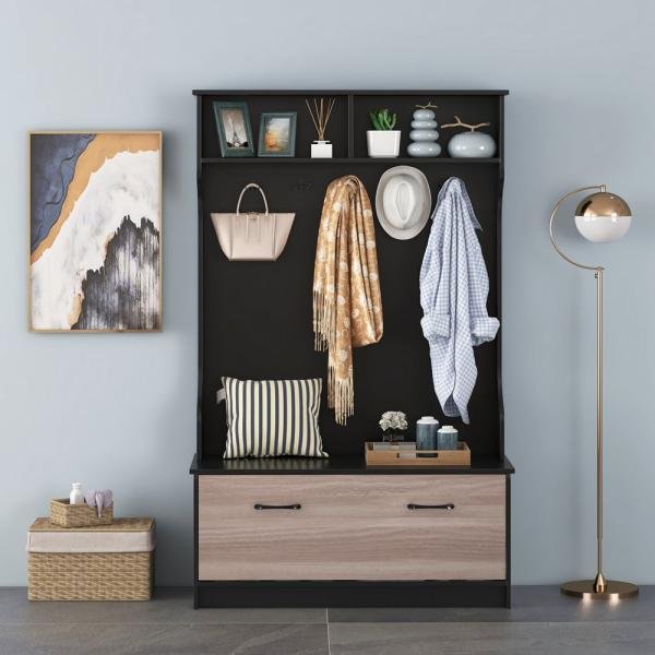 Perchero multifuncional con árbol de almacenamiento, 5 ganchos, banco para sentarse, compartimentos para ropa y zapatos, diseño elegante para entrada y hogar - Imagen 3