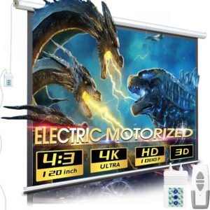 Pantalla de proyector motorizada Aoxun, desplegable con control remoto, 120 pulgadas, relación 4:3, PVC mate de alta calidad, 160 grados de ángulo de visión, para hogar y oficina