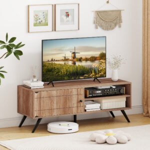 Mueble para TV de hasta 55 pulgadas, centro de entretenimiento con gabinete de almacenamiento, estilo moderno de mediados de siglo, color roble