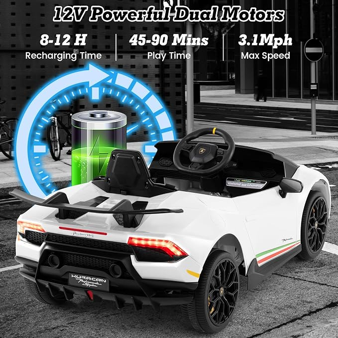 Coche eléctrico infantil Lamborghini Huracán 12V, 2 velocidades, control remoto, suspensión, música, Bluetooth, USB, FM, para niños de 3 a 8 años, 45 minutos de autonomía - Imagen 2