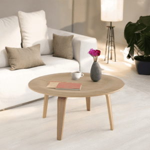 Mesa de centro moderna redonda, diseño minimalista, madera maciza multicapa de abedul, acabado natural, para sala de estar y oficina