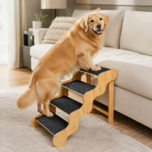 Escaleras para perros grandes y mayores, rampa de madera de bambú de 4 escalones, soporta hasta 160 libras, 20 pulgadas de alto, para camas, autos y sofás