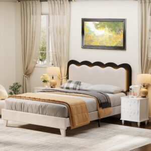 Cama matrimonial, marco de cama con cabecero alto, estilo moderno, terciopelo acolchado, sin necesidad de box spring. Con luces y control remoto.