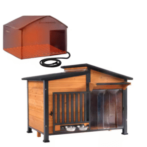 Casa para perros con calefacción, marco de metal reforzado, paneles de madera sólida, techo de asfalto, para exteriores, para todo el año